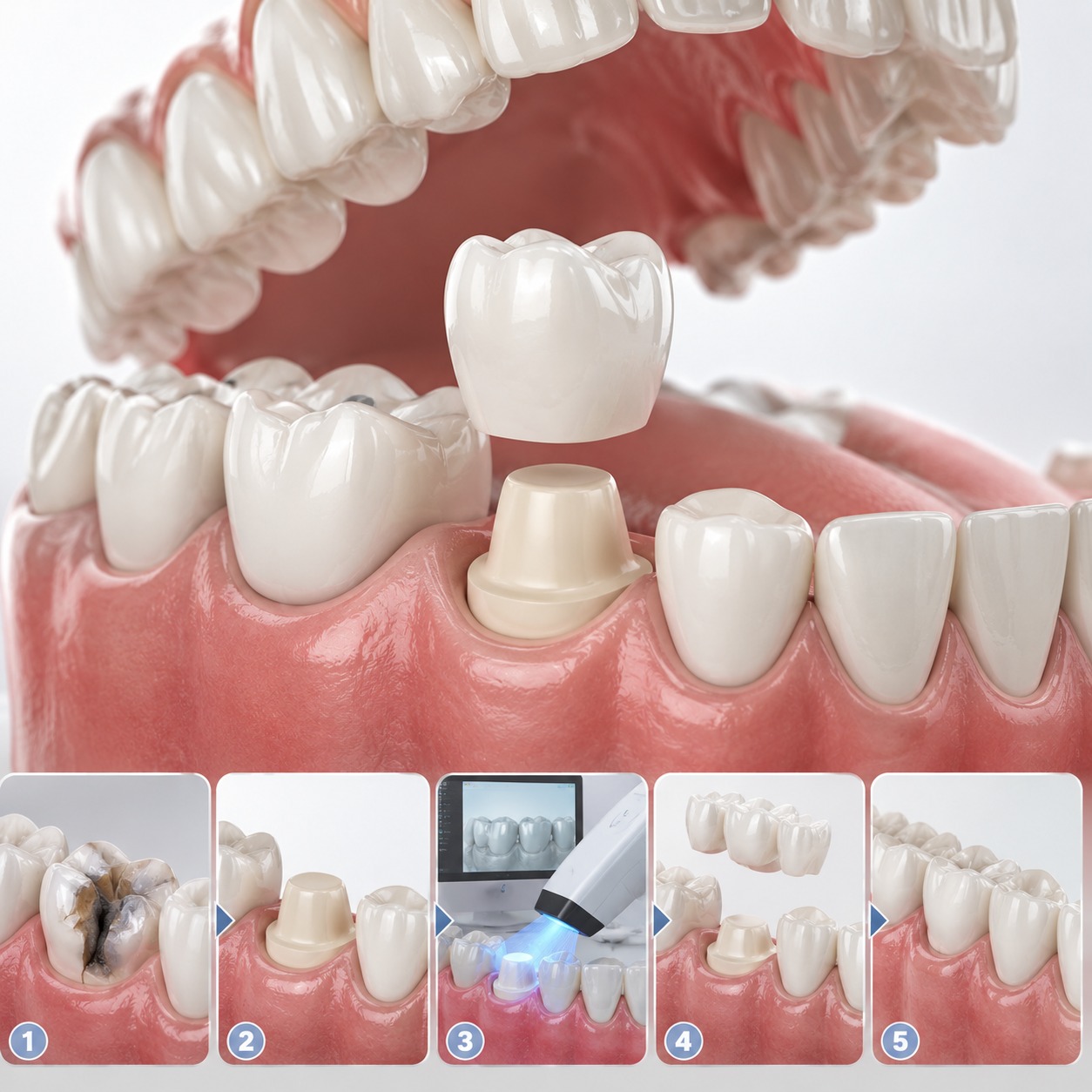 3D clinical illustration of a crown treatment workflow